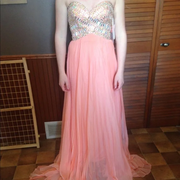 open lace back dress Elegant Pink Strapless Pleated Side Slit Mermaid Long Prom Dress, PD38   AlineBridal